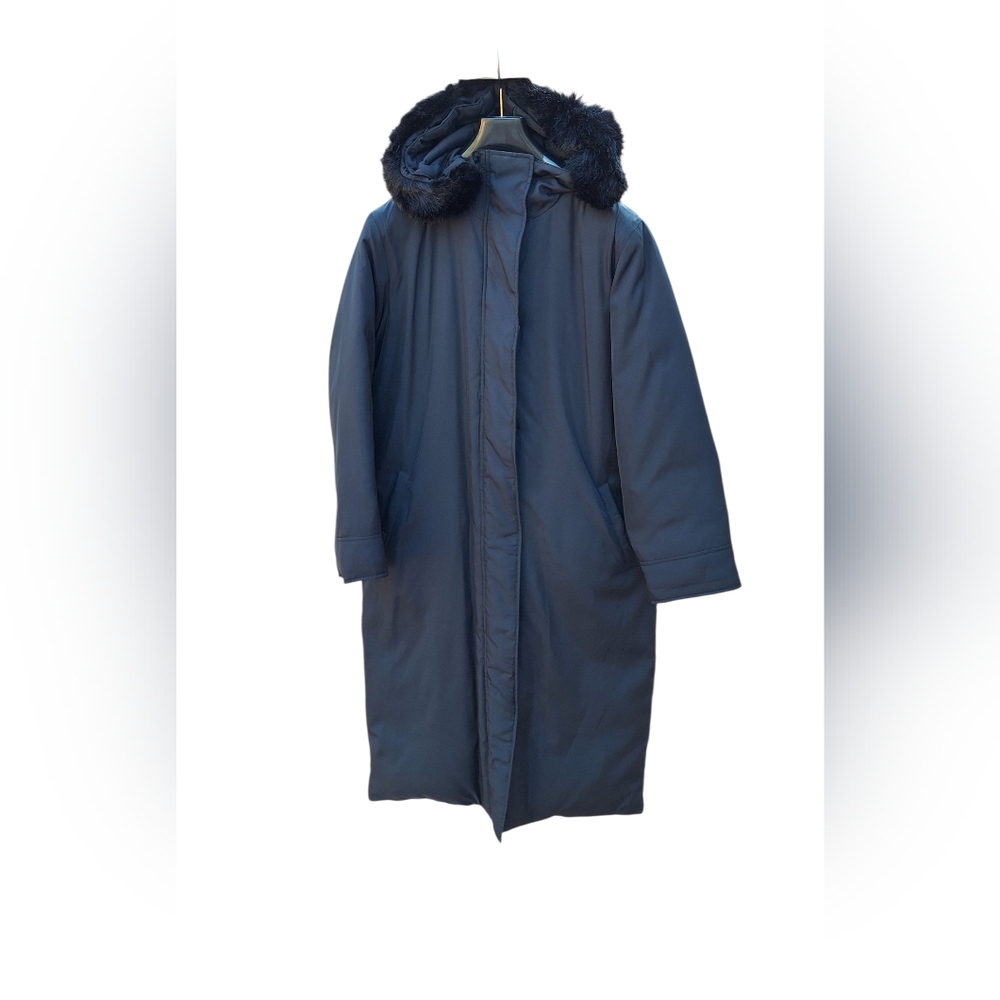 Ralph Lauren Down Puffer Jacket Long Coat Fur Hooded Parka Winter Black Womens M